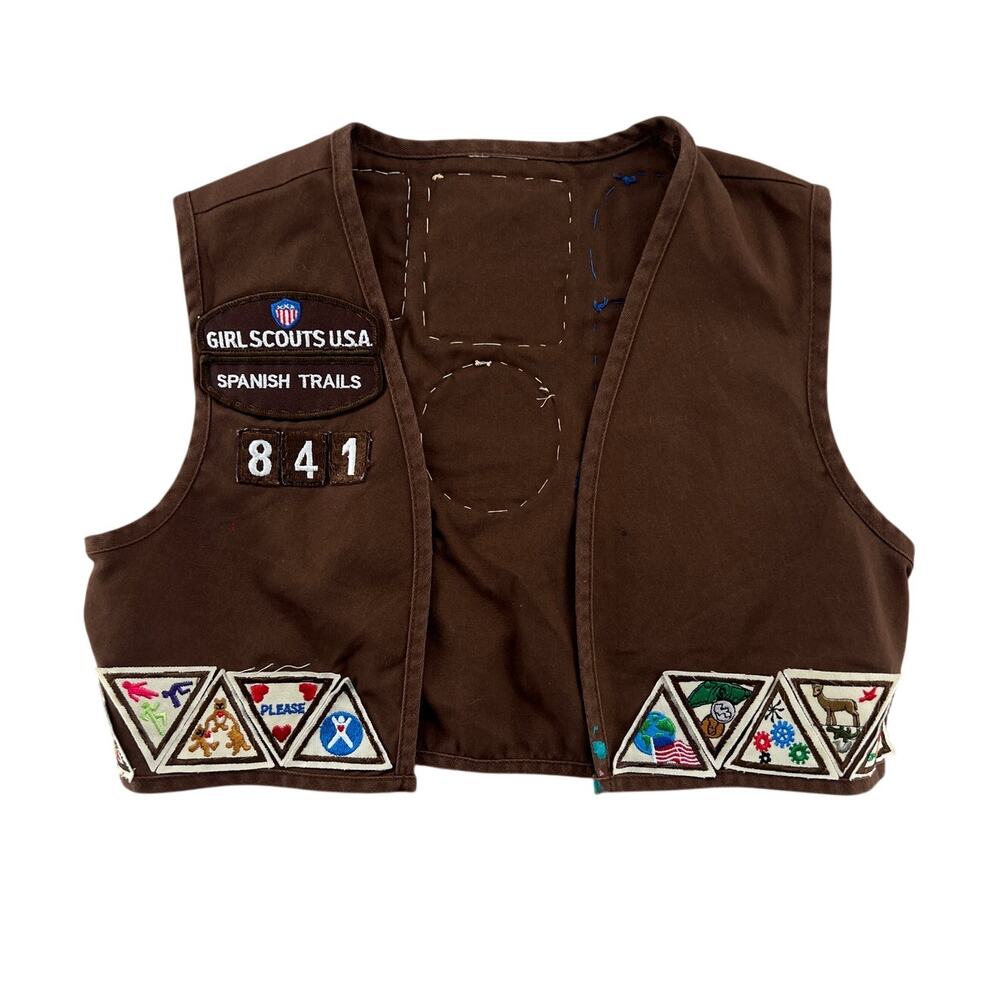 Vintage Y2K Girl Scouts USA Brown Vest Troop 841 Spanish Trails Badges Patches - Picture 2 of 4